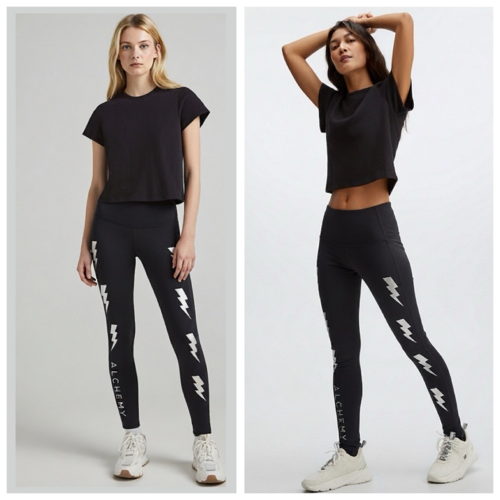 ALCHEMY Black Active 365 Leggings, Silver Metallic Lighting Bolt Contrast sz. XS